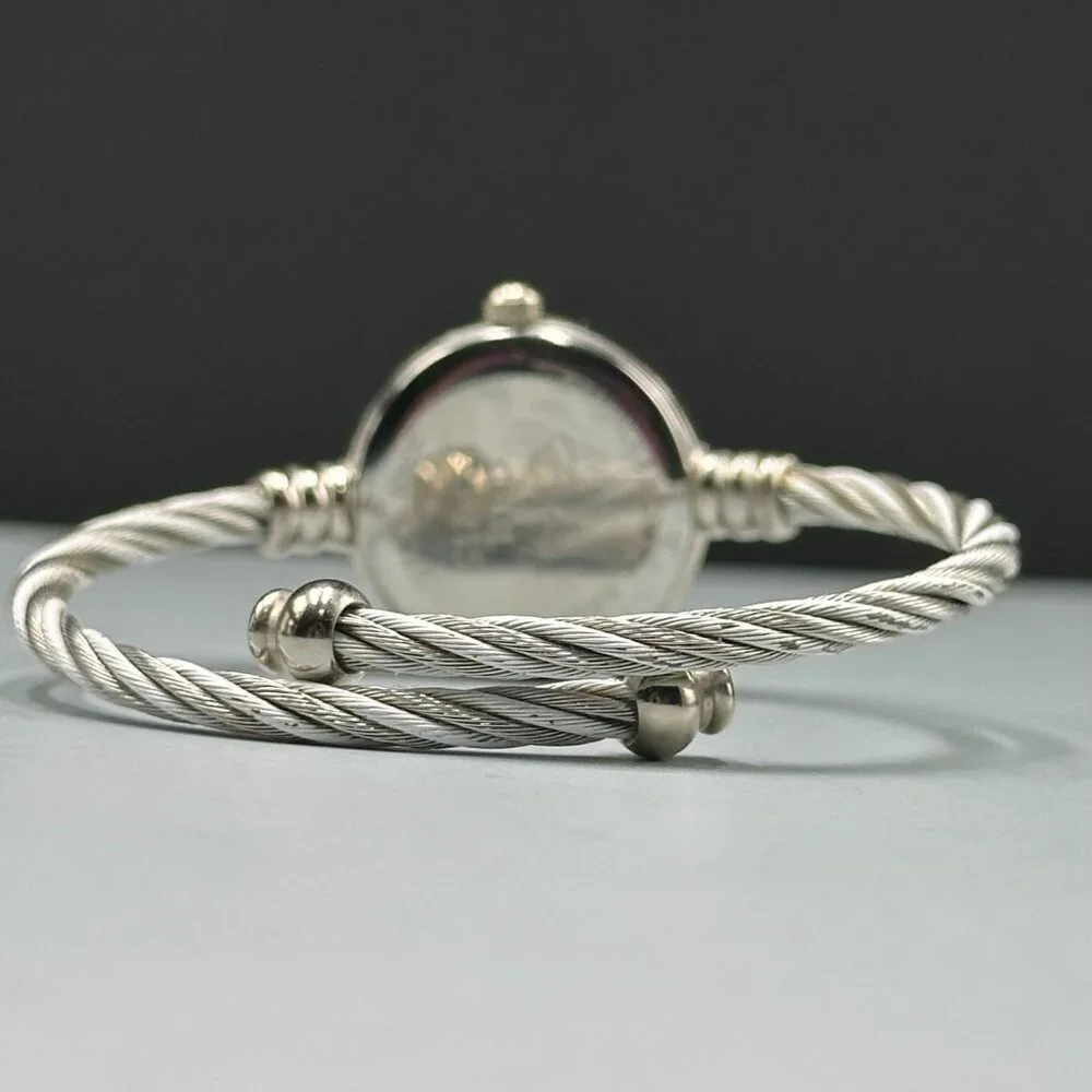 Eikon Watch Womens Silver Tone White Twisted Cable Band New Battery 6.25